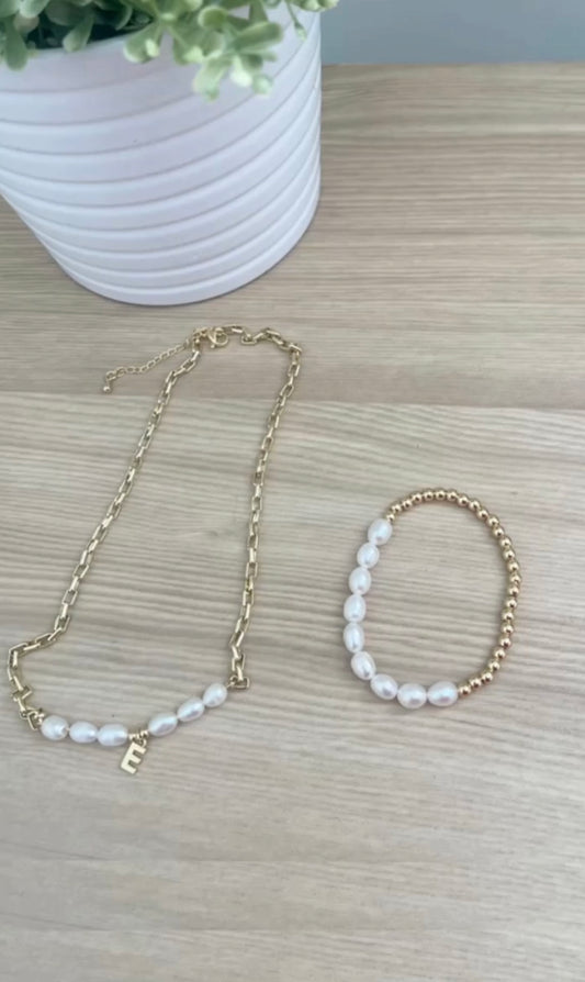 Dainty Pearl and Gold Initial Necklace