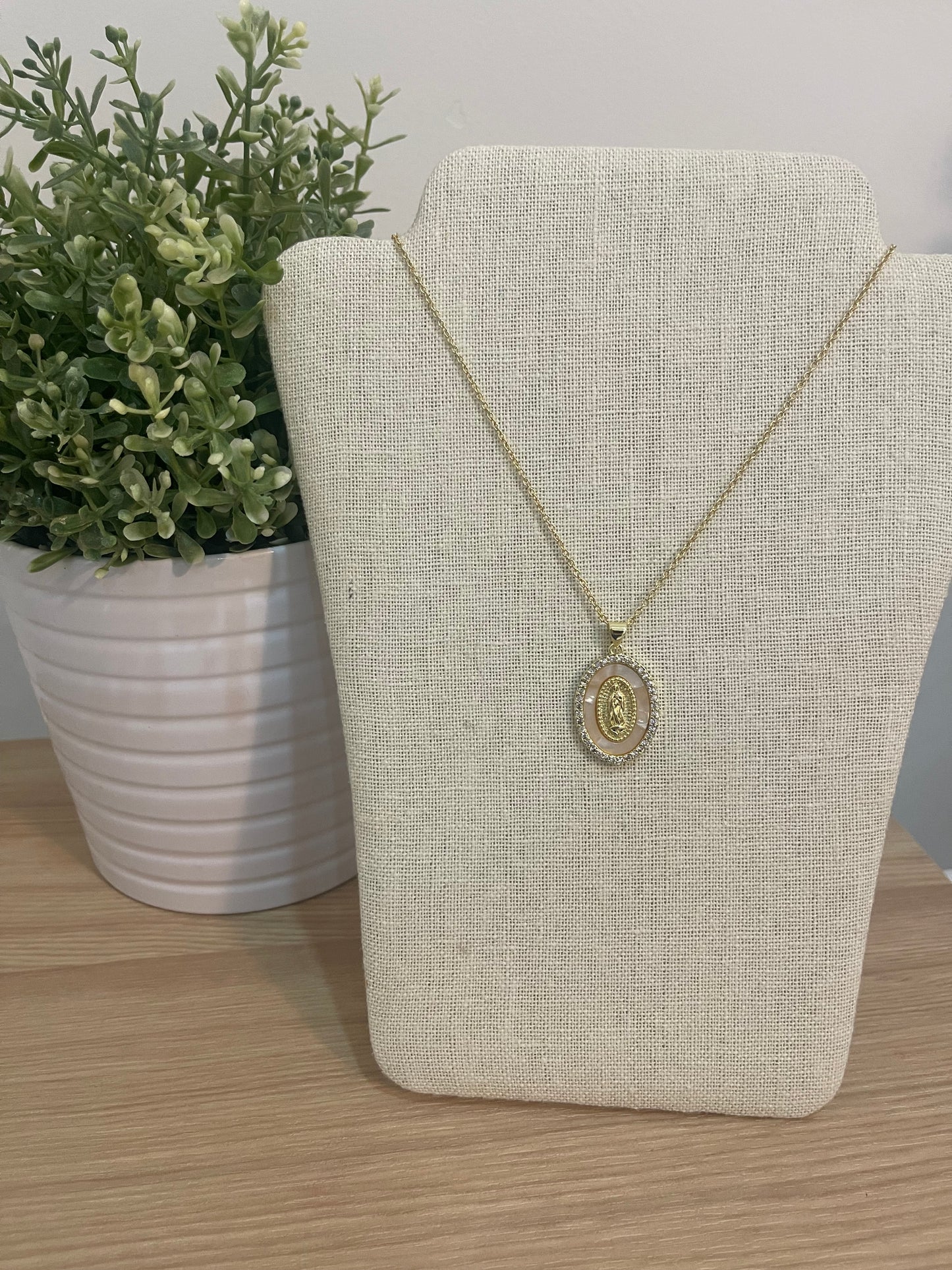 Gold Virgin Mary Pendant Necklace with Rhinestone Halo