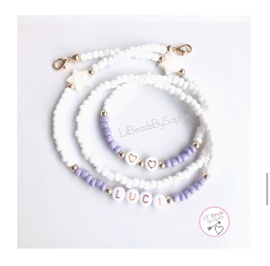 Personalized Lilac, White and Star Mask Chain